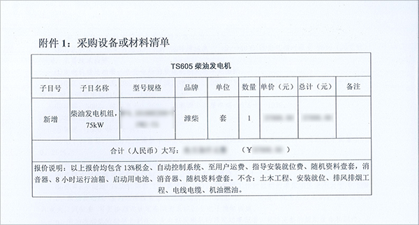 75kw濰柴柴油發(fā)電機組采購清單